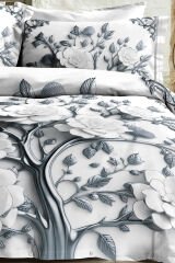 %100 PAMUK Ranforce Çeyizlik Luxury 5D Dijital Çift Kişilik Nevresim Takımı Silver