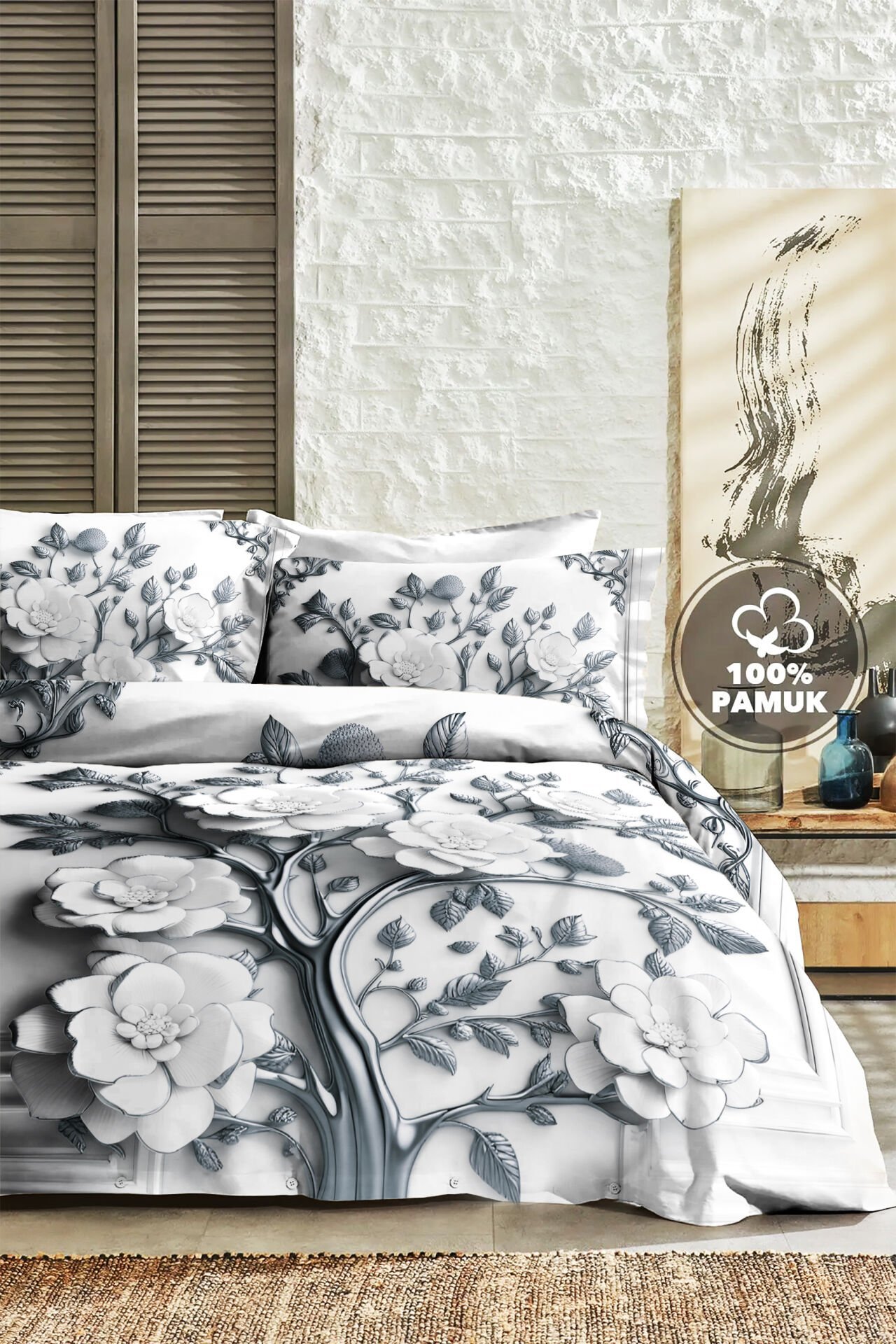 %100 PAMUK Ranforce Çeyizlik Luxury 5D Dijital Çift Kişilik Nevresim Takımı Silver