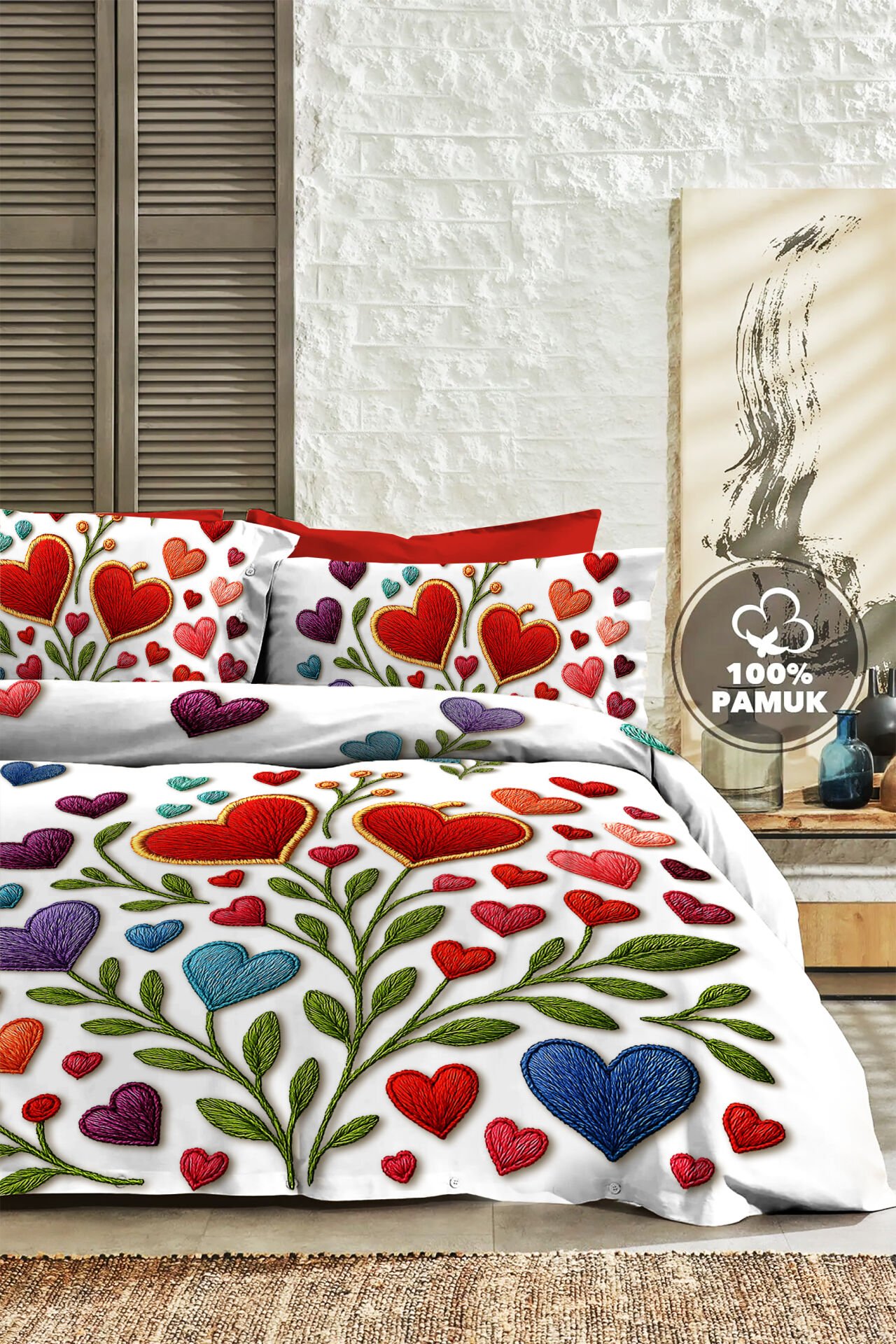 %100 PAMUK Ranforce Çeyizlik Luxury 5D Dijital Çift Kişilik Nevresim Takımı Embroidered heart