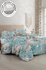 Lastikli Çarşaflı %100 Pamuk Saten Çift Kişilik Nevresim Takımı Floral Desing Luxury