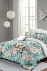 Lastikli Çarşaflı %100 Pamuk Saten Çift Kişilik Nevresim Takımı Floral Desing Luxury