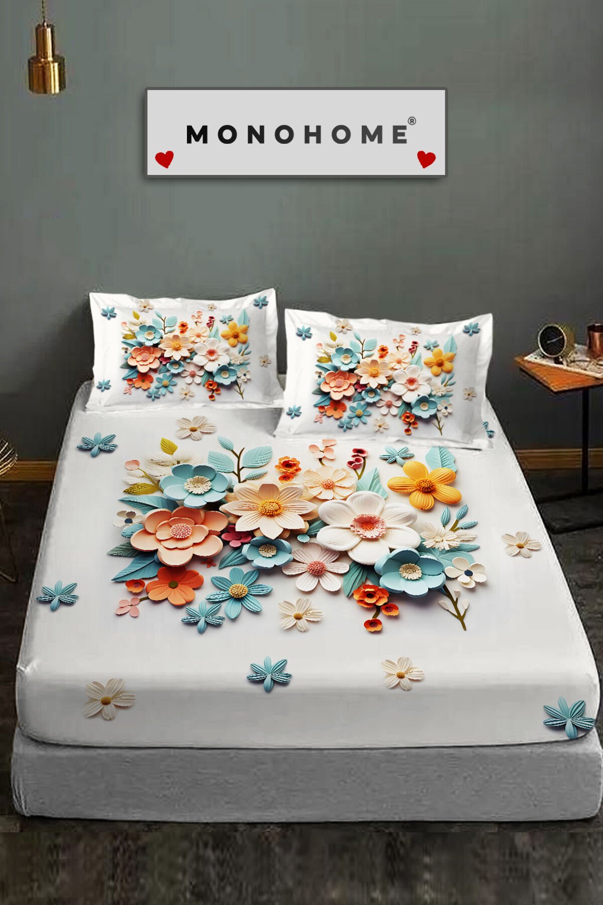 %100 Pamuk Lastikli Çarşaf Özel Tasarım 5D Dijital 60 Tel Lotus