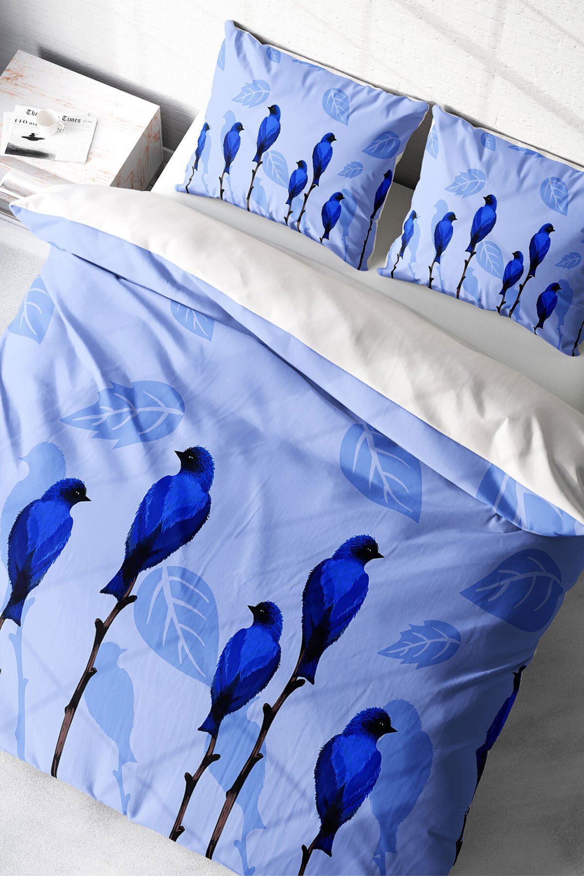 Lastikli Çarşaflı %100 Pamuk Saten Çift Kişilik Nevresim Takımı Blue Birds