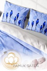 Lastikli Çarşaflı %100 Pamuk Saten Çift Kişilik Nevresim Takımı Blue Birds