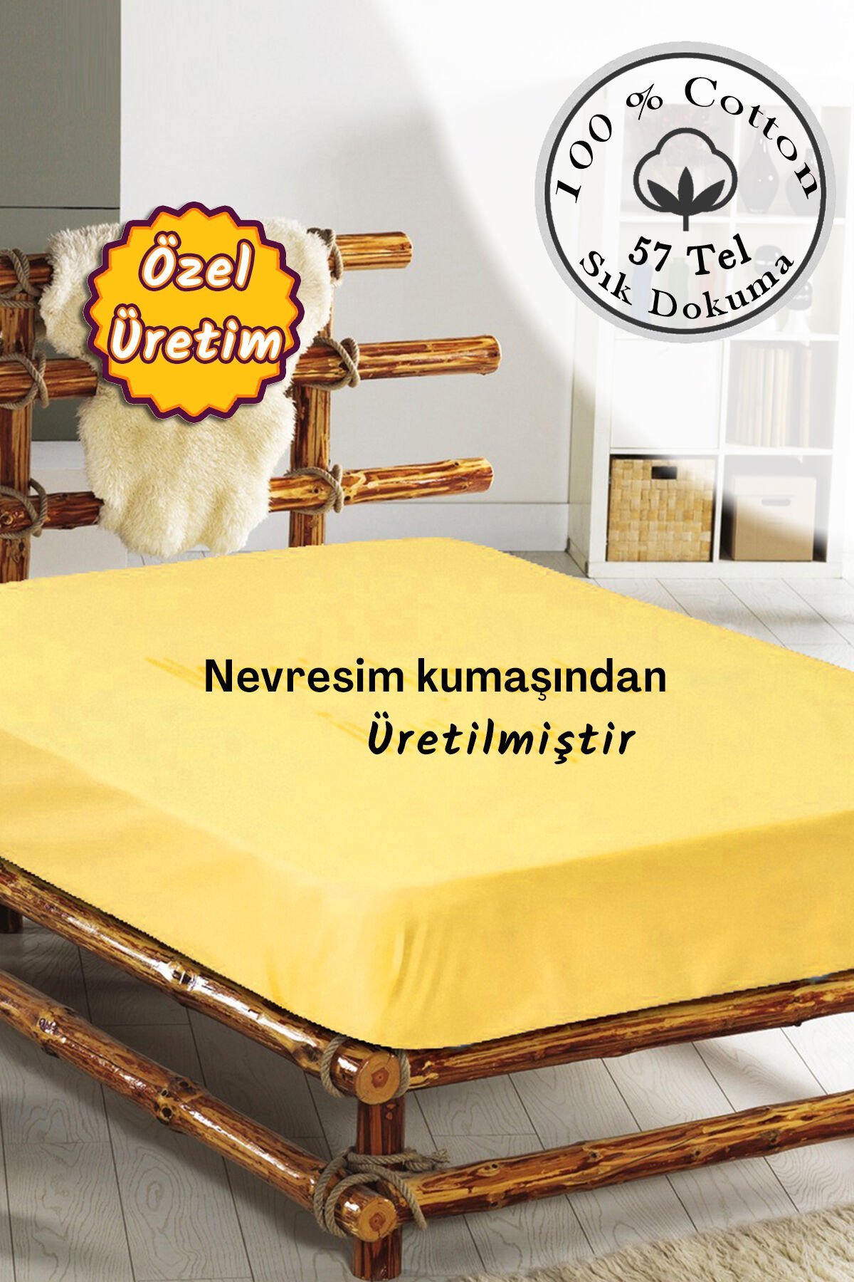 Lastikli Çarşaf Tek Kişilik %100 Pamuklu Ranforce Fitted Açık Sarı