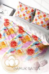 Lastikli Çarşaflı %100 Pamuk Saten Çift Kişilik Nevresim Takımı Orange Fruit