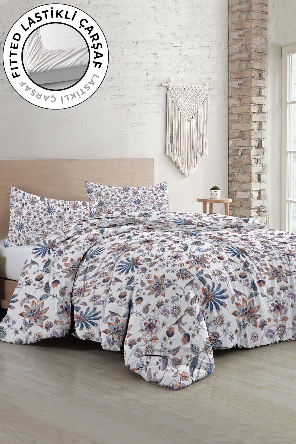Lastikli Çarşaflı %100 Pamuk Saten Çift Kişilik Nevresim Takımı Elegant Floral Luxury