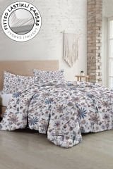 Lastikli Çarşaflı %100 Pamuk Saten Çift Kişilik Nevresim Takımı Elegant Floral Luxury
