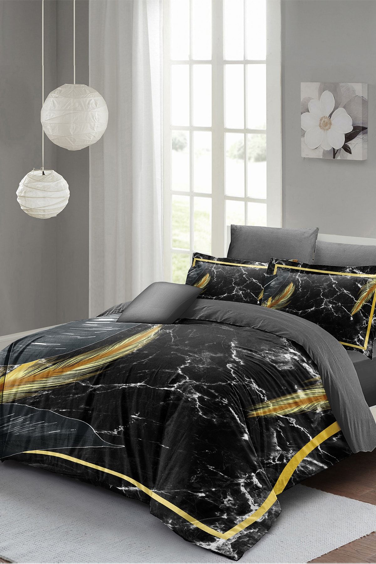 Çift Kişilik Nevresim Seti Sık Dokuma Pamuk Saten 3d Özel Tasarım Dark Marble(çarşafsızdır)
