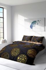 Çift Kişilik Nevresim Seti Sık Dokuma Pamuk Saten 3d Özel Tasarım Gold Black Circle (çarşafsızdır)