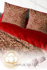 Lastikli Çarşaflı %100 Pamuk Saten Çift Kişilik Nevresim Takımı Red Leaf