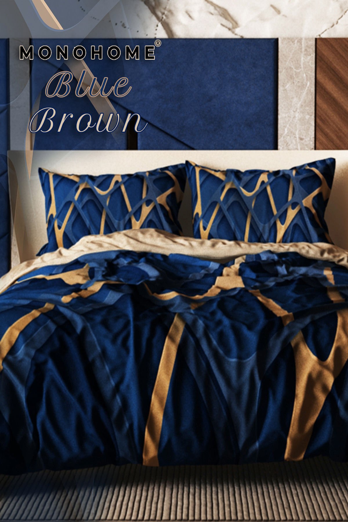 Lastikli Çarşaflı %100 Pamuk Saten Çift Kişilik Nevresim Takımı Blue Brown