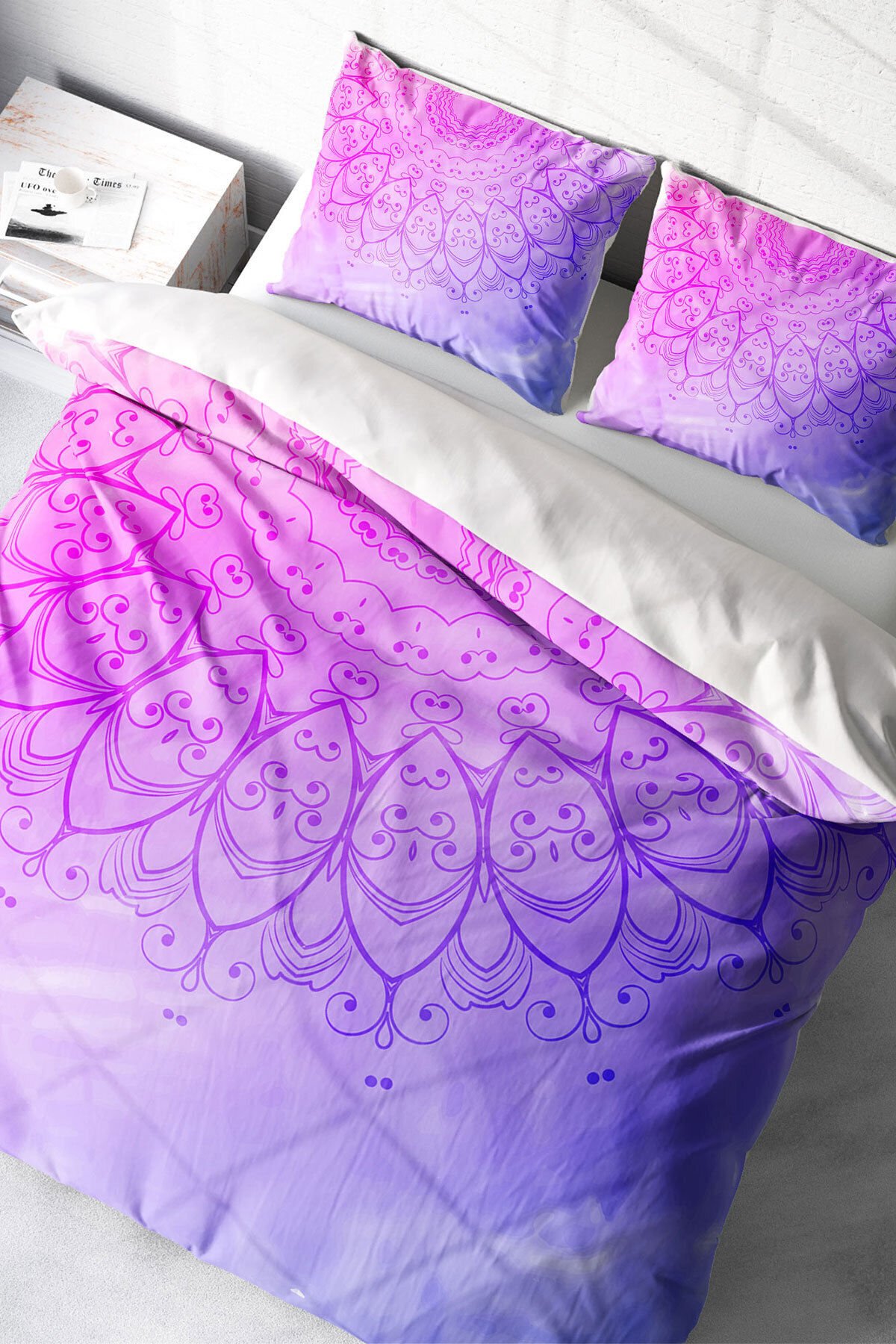 Lastikli Çarşaflı %100 Pamuk Saten Çift Kişilik Nevresim Takımı Violet Damask