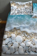 %100 Pamuk Lastikli Çarşaf Özel Tasarım 5D Dijital 60 Tel Sahil