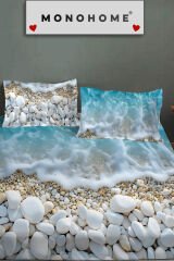 %100 Pamuk Lastikli Çarşaf Özel Tasarım 5D Dijital 60 Tel Sahil