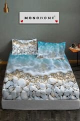 %100 Pamuk Lastikli Çarşaf Özel Tasarım 5D Dijital 60 Tel Sahil