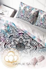 Lastikli Çarşaflı %100 Pamuk Saten Çift Kişilik Nevresim Takımı Ethnic Mandala2