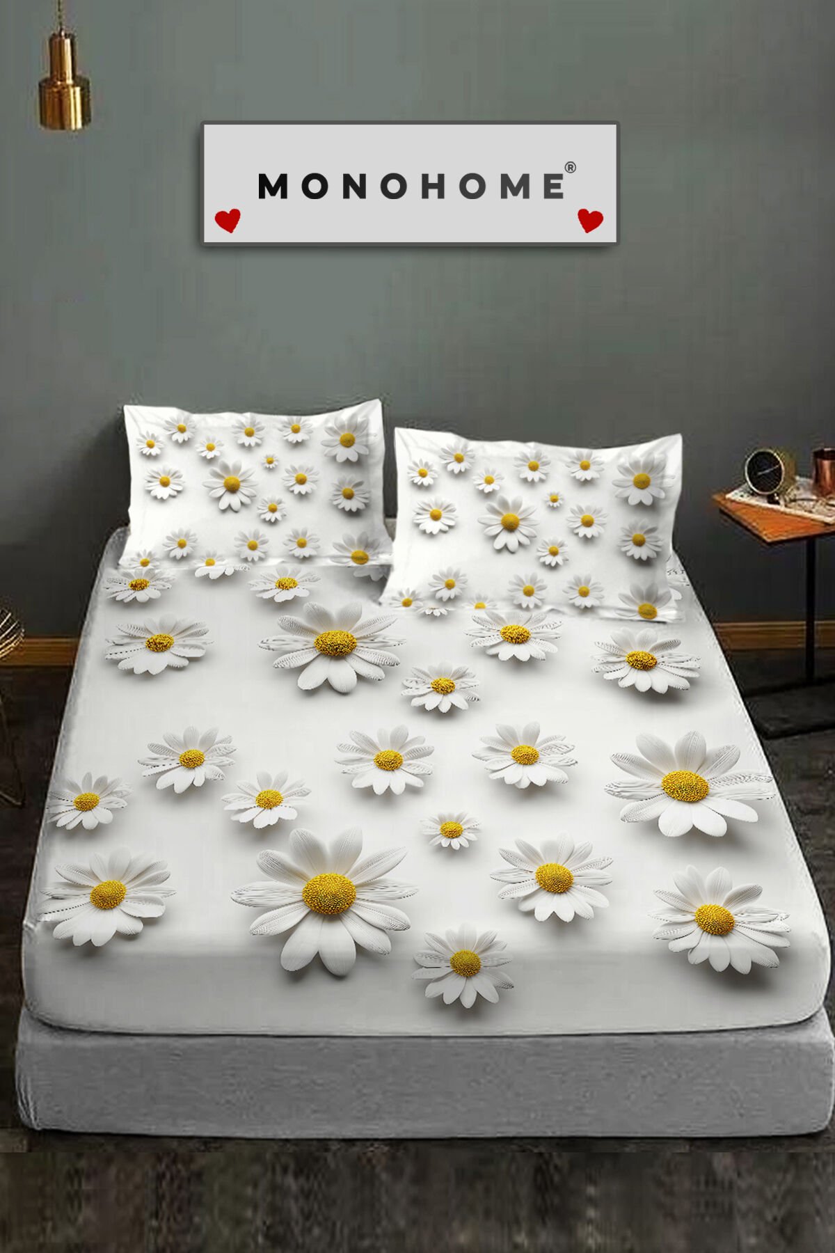 %100 Pamuk Lastikli Çarşaf Özel Tasarım 5D Dijital 60 Tel Papatya