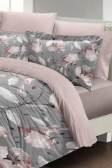 Lastikli Çarşaflı %100 Pamuk Saten Çift Kişilik Nevresim Takımı Gray Rose