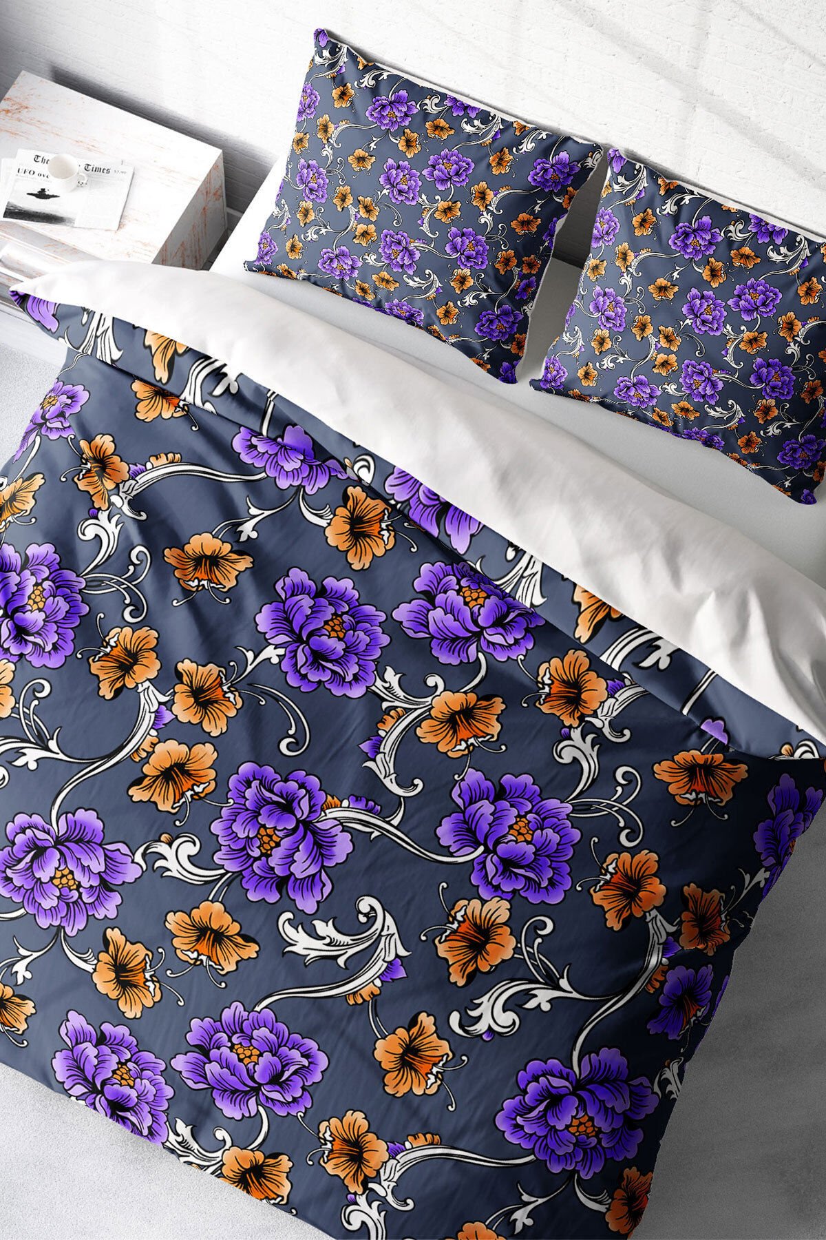 Lastikli Çarşaflı %100 Pamuk Saten Çift Kişilik Nevresim Takımı Purple Floral