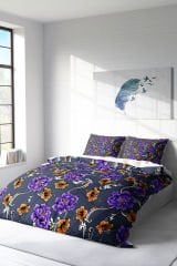 Lastikli Çarşaflı %100 Pamuk Saten Çift Kişilik Nevresim Takımı Purple Floral