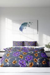 Lastikli Çarşaflı %100 Pamuk Saten Çift Kişilik Nevresim Takımı Purple Floral