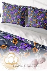 Lastikli Çarşaflı %100 Pamuk Saten Çift Kişilik Nevresim Takımı Purple Floral