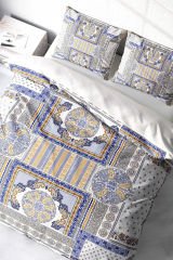 Lastikli Çarşaflı %100 Pamuk Saten Çift Kişilik Nevresim Takımı Blue Patchwork