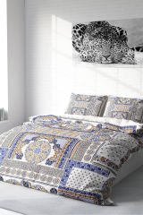 Lastikli Çarşaflı %100 Pamuk Saten Çift Kişilik Nevresim Takımı Blue Patchwork