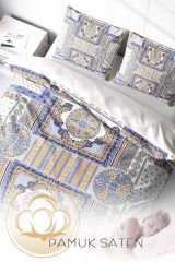 Lastikli Çarşaflı %100 Pamuk Saten Çift Kişilik Nevresim Takımı Blue Patchwork