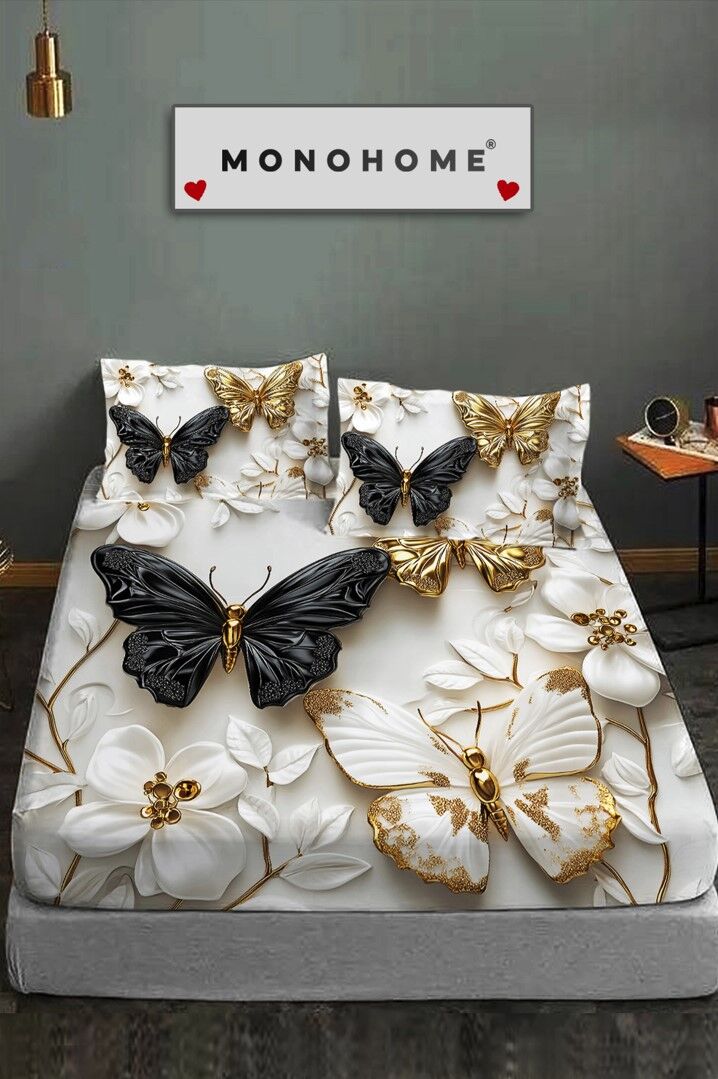 %100 Pamuk Lastikli Çarşaf Özel Tasarım 5d Dijital 60 Tel Kelebek