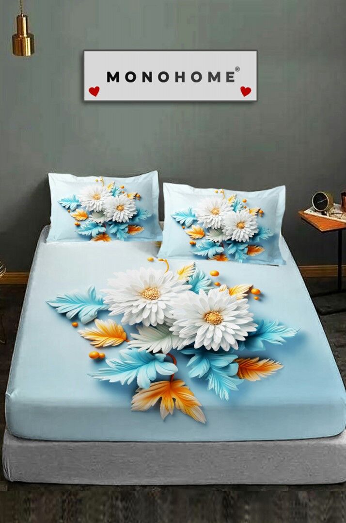 %100 Pamuk Lastikli Çarşaf Özel Tasarım 5d Dijital 60 Tel Buket