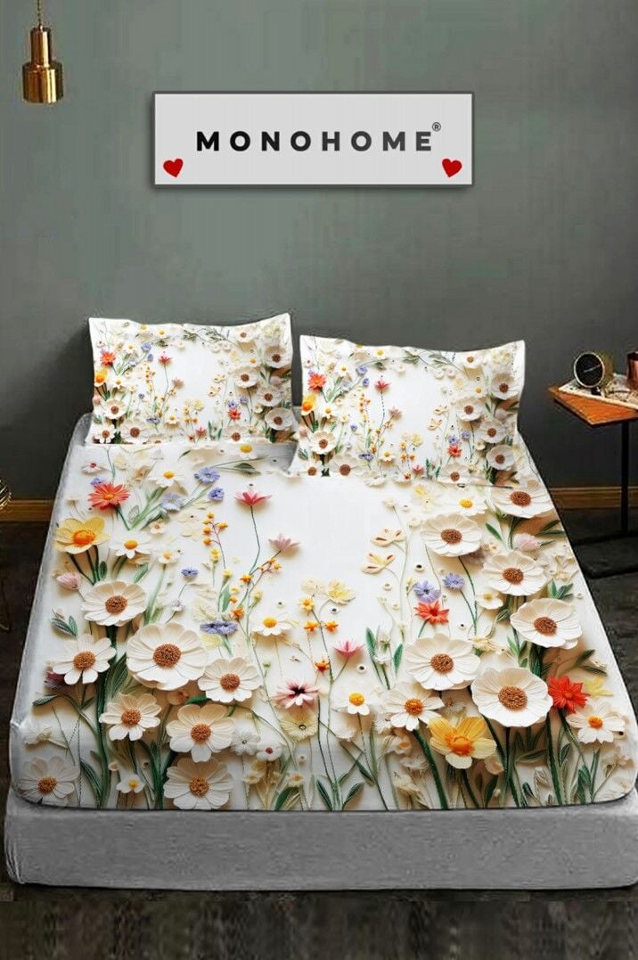 %100 Pamuk Lastikli Çarşaf Özel Tasarım 5d Dijital 60 Tel White