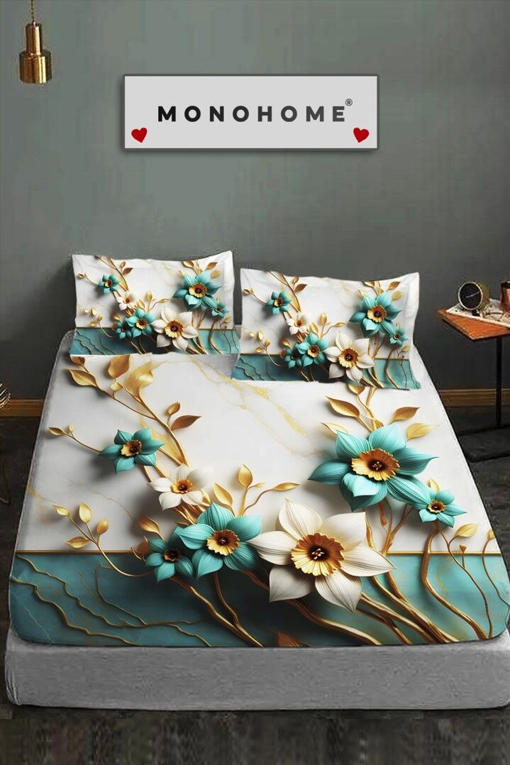 %100 Pamuk Lastikli Çarşaf Özel Tasarım 5d Dijital 60 Tel Turkuaz