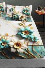 %100 Pamuk Lastikli Çarşaf Özel Tasarım 5d Dijital 60 Tel Turkuaz