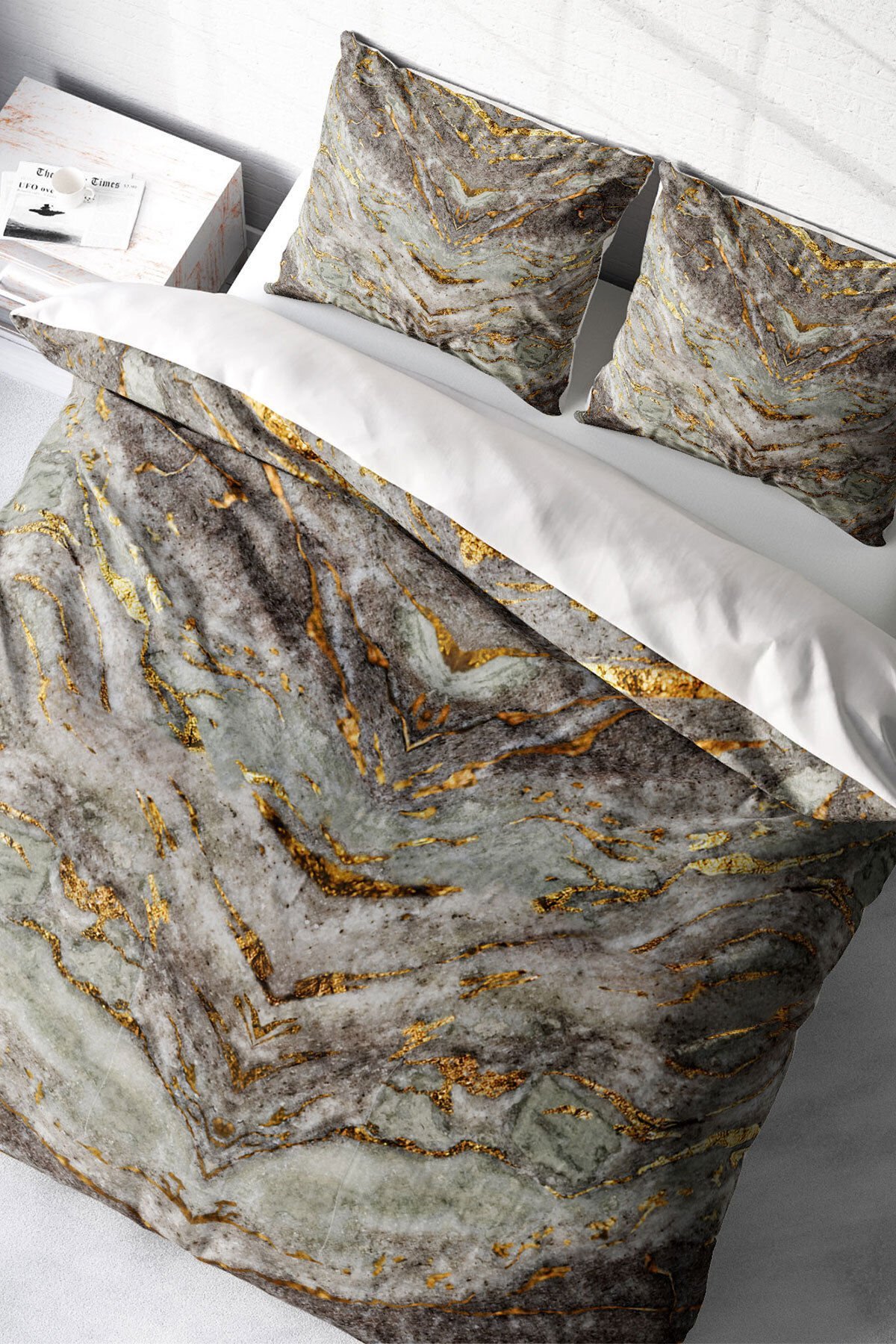 Lastikli Çarşaflı %100 Pamuk Saten Çift Kişilik Nevresim Takımı Marble