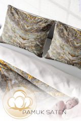 Lastikli Çarşaflı %100 Pamuk Saten Çift Kişilik Nevresim Takımı Marble