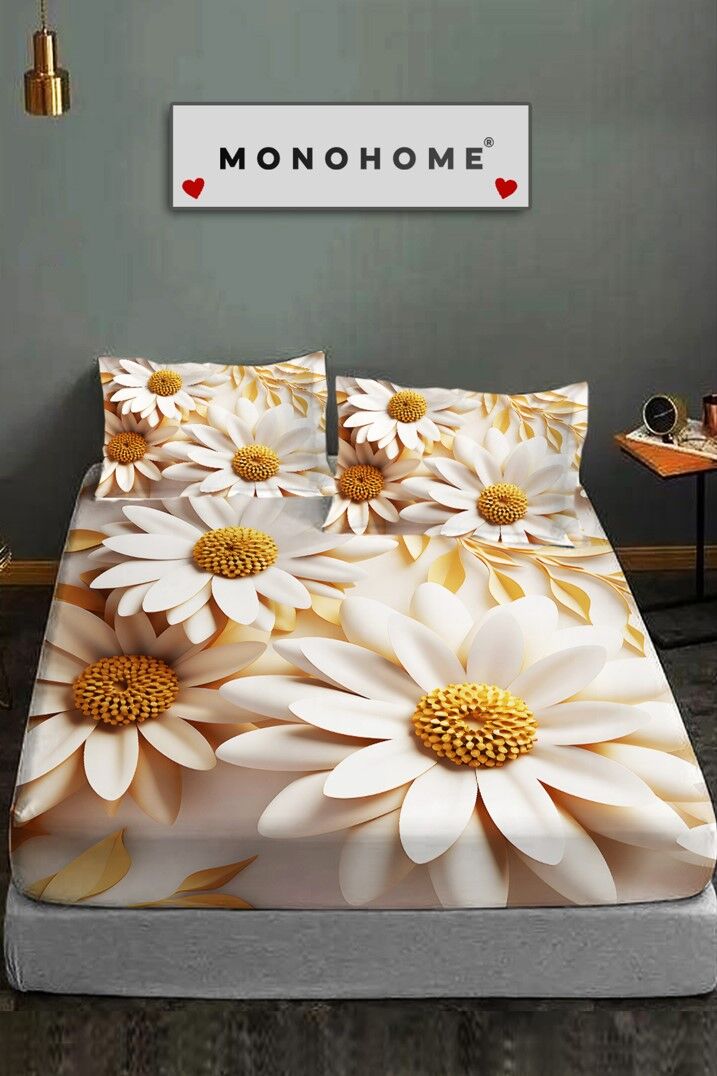 %100 Pamuk Lastikli Çarşaf Özel Tasarım 5d Dijital 60 Tel Papatya 3