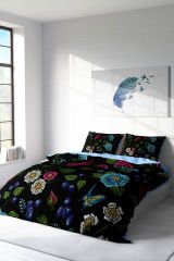 Lastikli Çarşaflı %100 Pamuk Saten Çift Kişilik Nevresim Takımı Flower Black