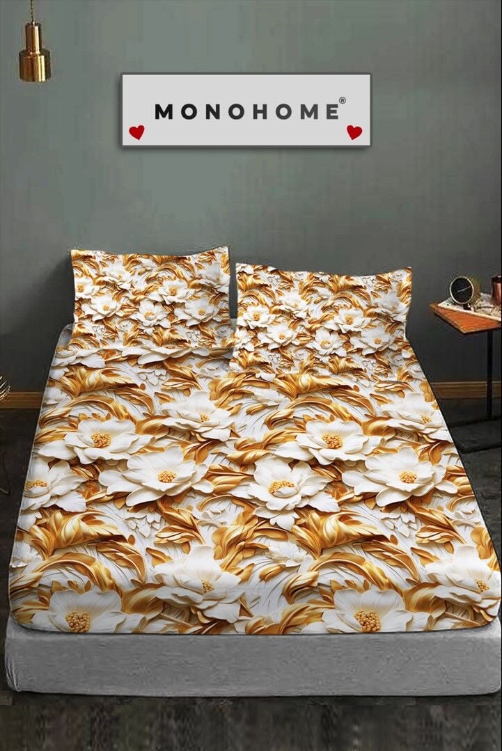 %100 Pamuk Lastikli Çarşaf Özel Tasarım 5d Dijital 60 Tel Gold