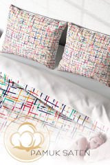 Lastikli Çarşaflı %100 Pamuk Saten Çift Kişilik Nevresim Takımı Colorful Lines