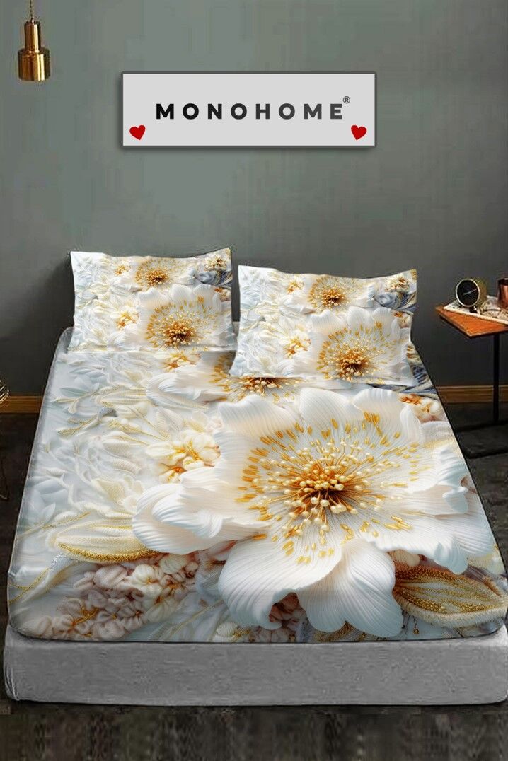 %100 Pamuk Lastikli Çarşaf Özel Tasarım 5d Dijital 60 Tel Beyaz Gül