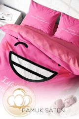 Lastikli Çarşaflı %100 Pamuk Saten Çift Kişilik Nevresim Takımı Smile Mottom