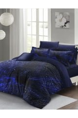 Lastikli Çarşaflı %100 Pamuk Saten Çift Kişilik Nevresim Takımı Blue Nıght