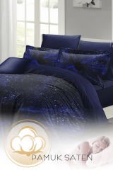 Lastikli Çarşaflı %100 Pamuk Saten Çift Kişilik Nevresim Takımı Blue Nıght