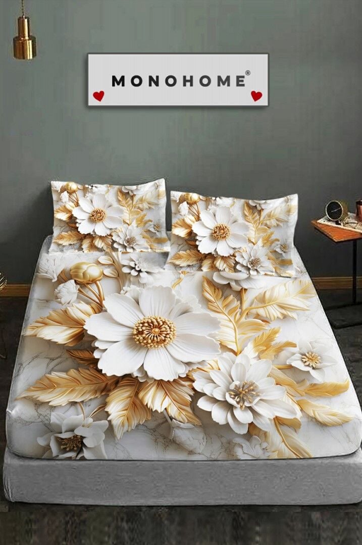 %100 Pamuk Lastikli Çarşaf Özel Tasarım 5d Dijital 60 Tel Gold Rose