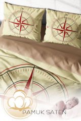 Lastikli Çarşaflı %100 Pamuk Saten Çift Kişilik Nevresim Takımı Compass