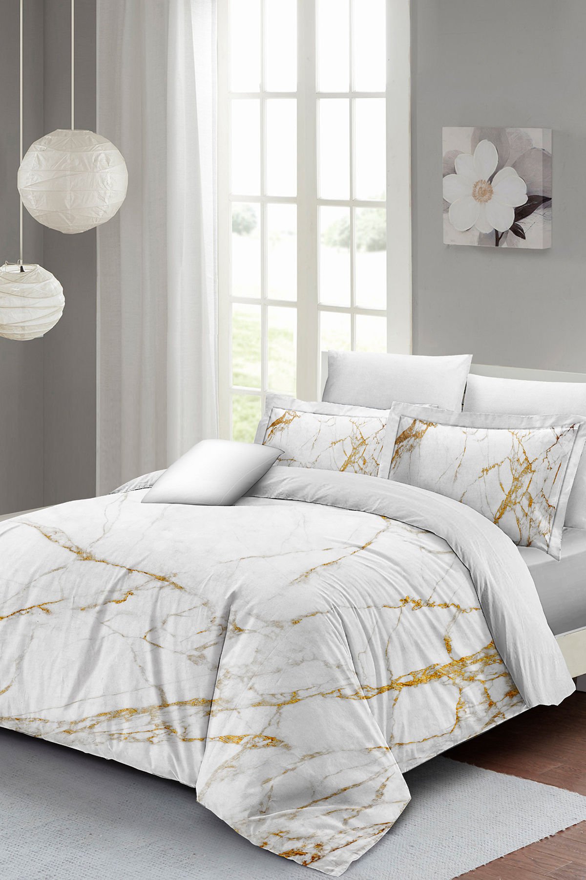 Lastikli Çarşaflı %100 Pamuk Saten Çift Kişilik Nevresim Takımı Marble Shiny
