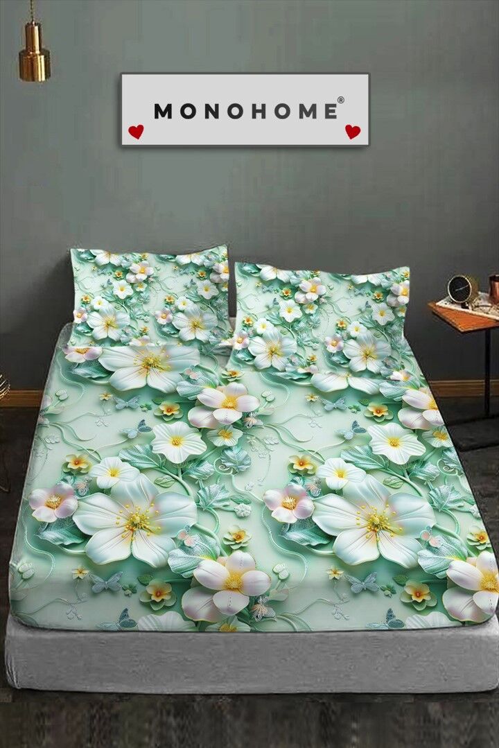 %100 Pamuk Lastikli Çarşaf Özel Tasarım 5d Dijital 60 Tel Green