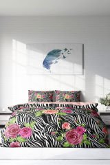 Lastikli Çarşaflı %100 Pamuk Saten Çift Kişilik Nevresim Takımı Zebra Flower
